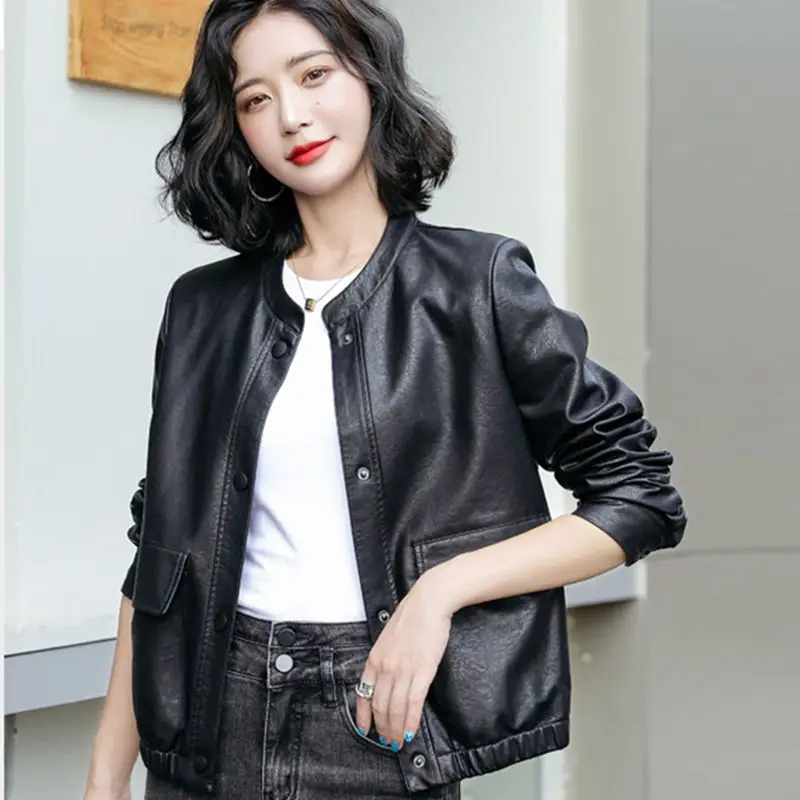 Leather Biker Jacket Women Crop Women\'s Coats On Offer With High Quality Baseball Fashion Trend Clothes Clothing Autumn Bomber