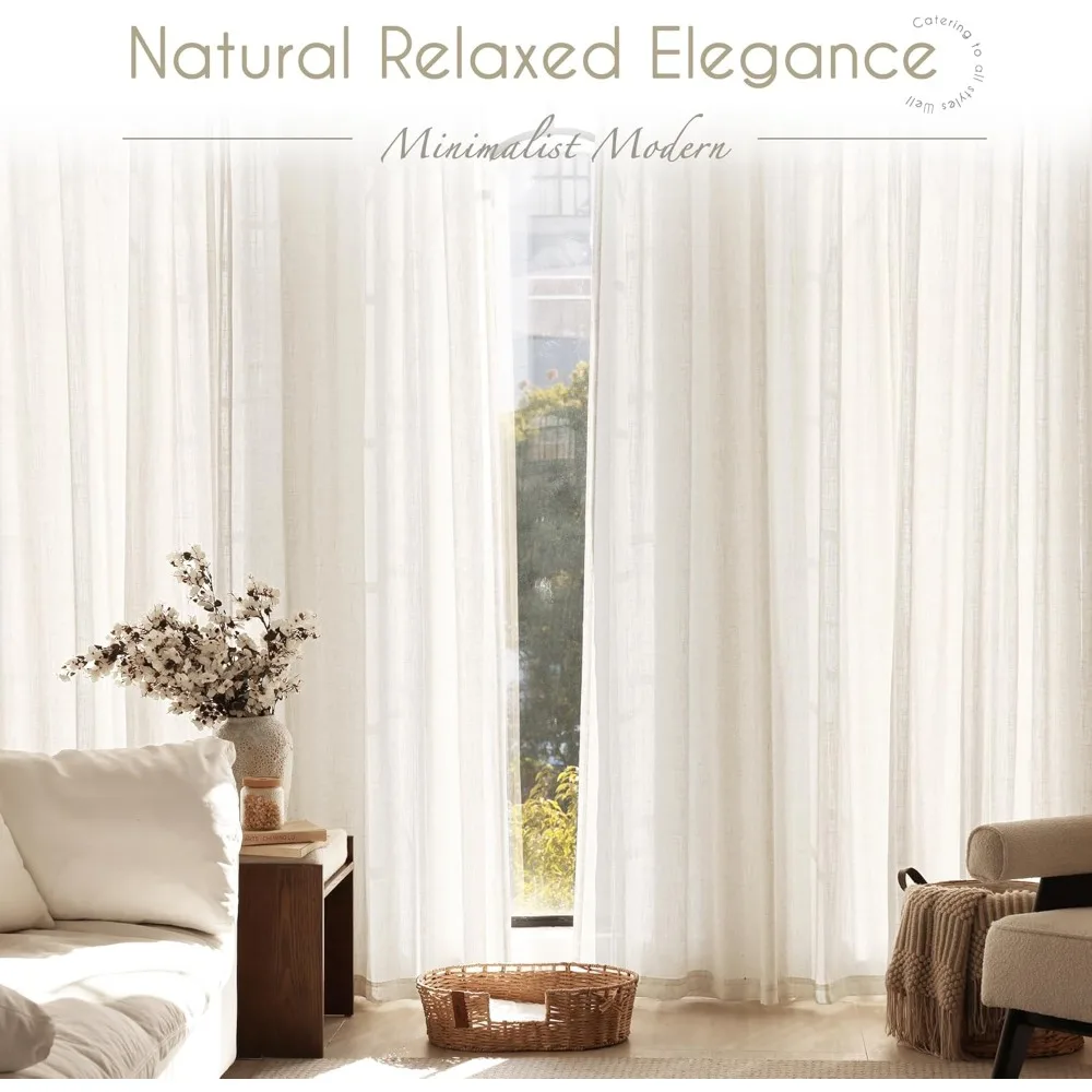 Light Filtering Linen Curtains - 102 Inch Long, 2 Panel Set for Living Room and Home Office, Modern Minimalist Style