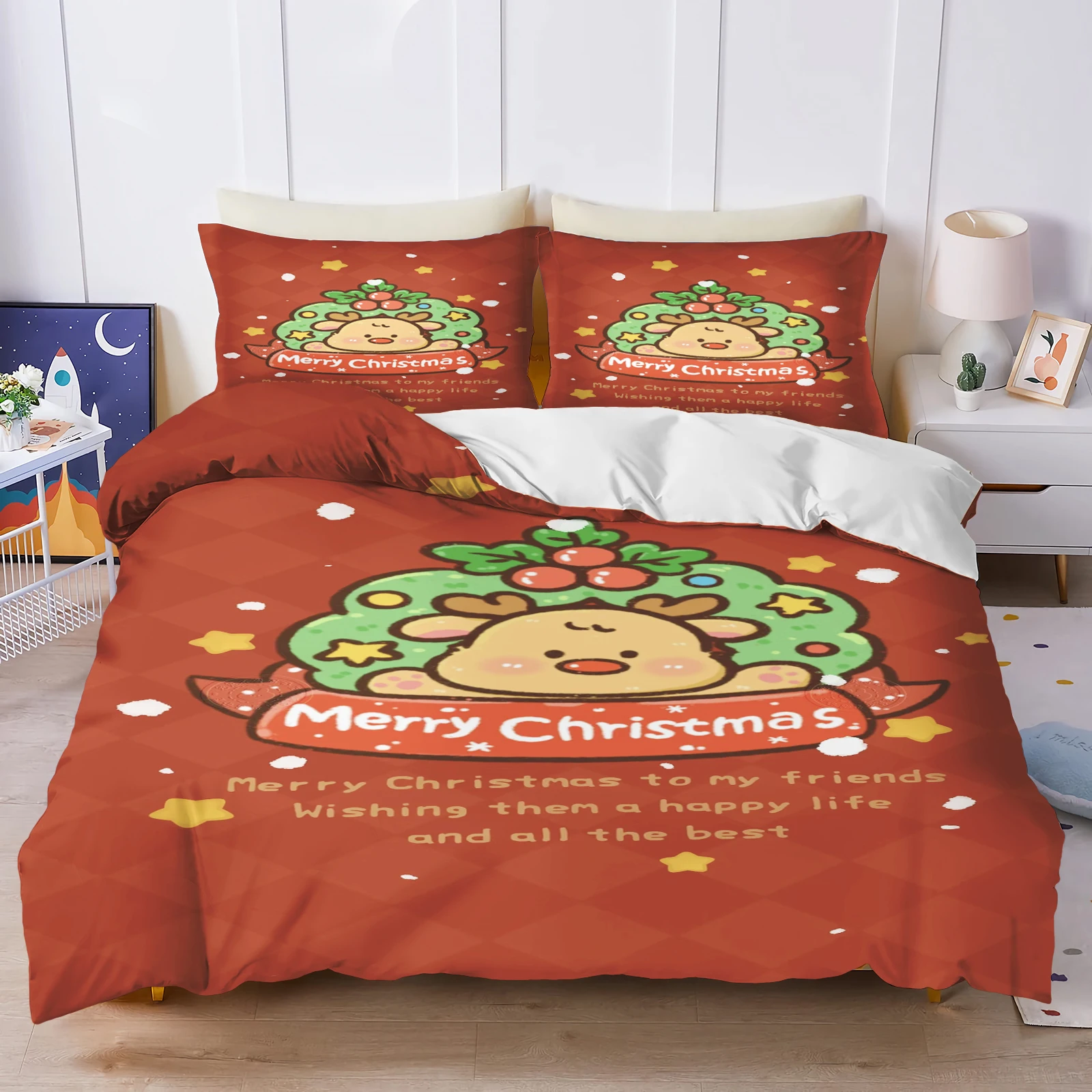 Cute Cartoon Christmas Tree Bedding Set Snowman Candy Cane Bell Snowflake Red Print Duvet Cover Set Kids Xmas Bedroom Decor Gift