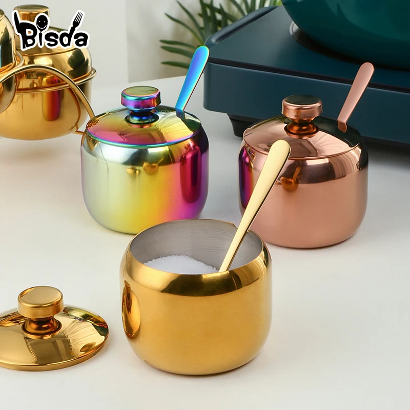 Bisda Stainless Steel Seasoing Can Gift Spoon Salt Container with Lid Holder Rack Pepper Jar Spice Storage Tank Party Kitchen