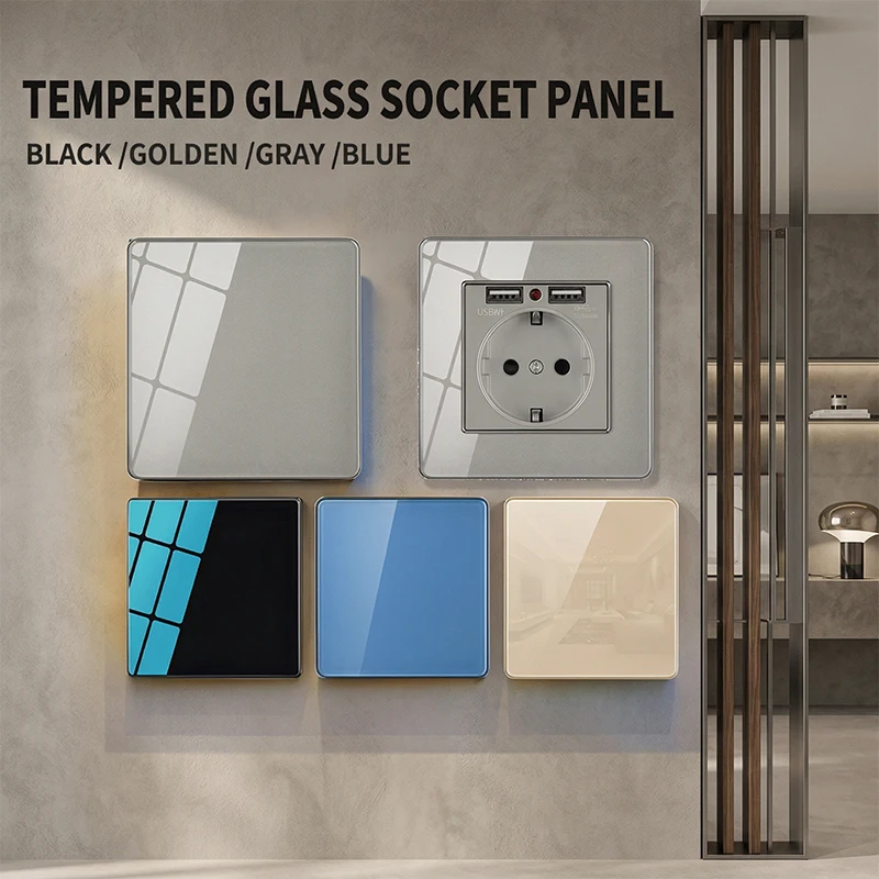 

86 Type Tempered Glass Wall Switch Socket Panel EU French UK Standard 1/2/3/4 Gang 1/2Way 16A 250V USB Port Crystal Panel