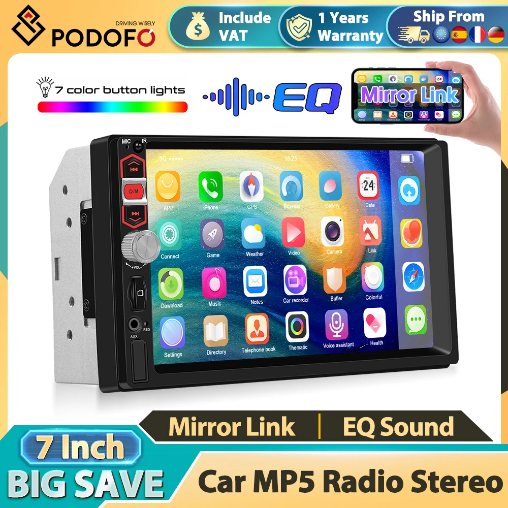 Reproductor Multimedia Universal para Auto Podofo 2Din con Perilla, Mirror Link, Radio MP5, Estéreo FM/RDS, Efecto EQ, Carga Rápida USB