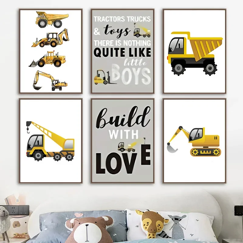 Cartoon crane mixer truck construction truck bulldozer excavator children's bedroom poster decoration frameless painting