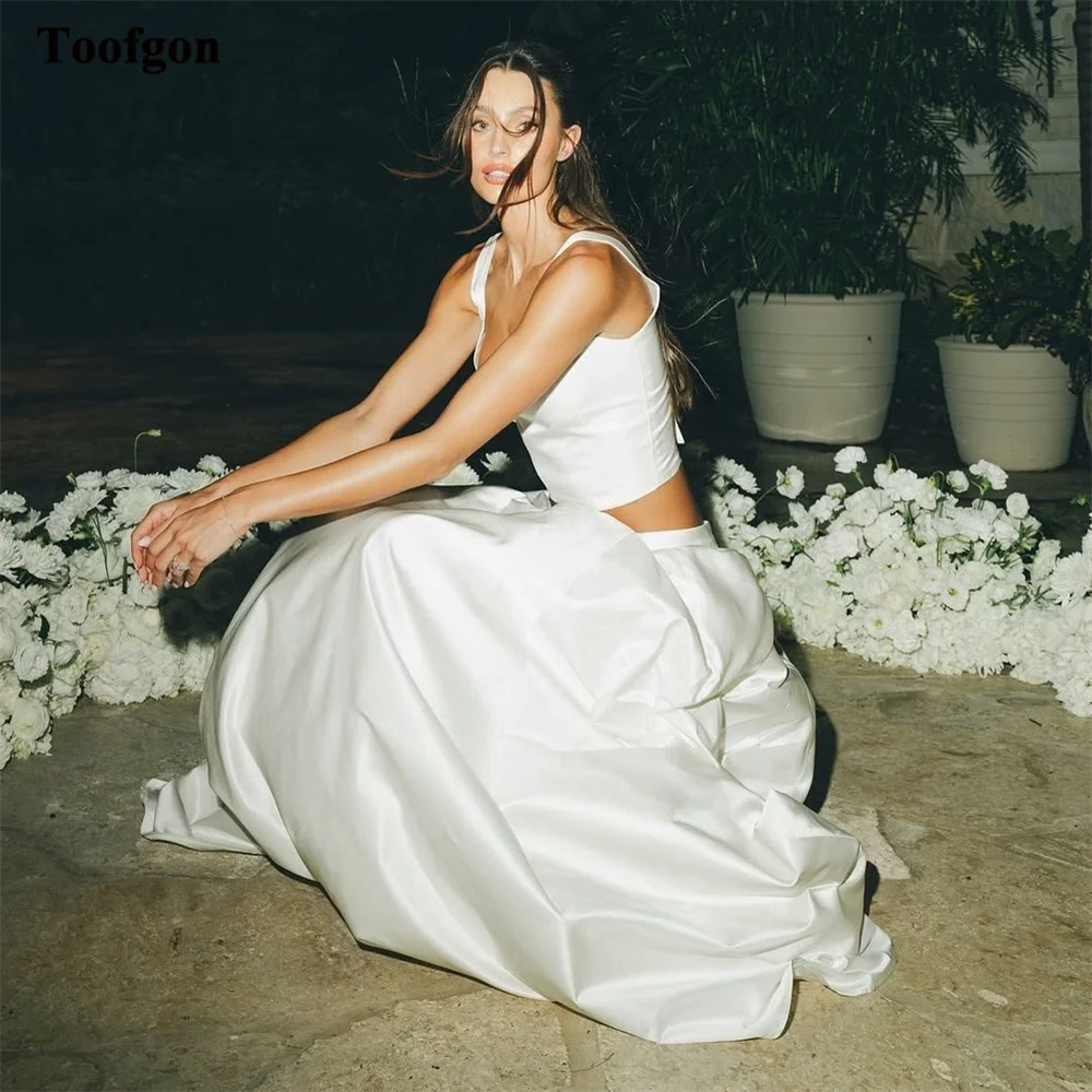 

Toofgon Simple 2 Pieces Satin Wedding Dresses Customized Square Collar Formal Party Occasion Bride Dress Long Bridal Gowns 2025
