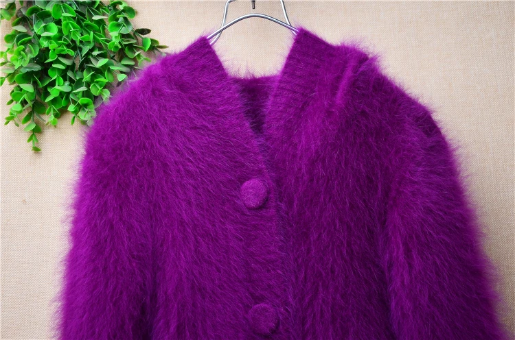 Female Women Fall Winter Purple Hairy Mink Cashmere Knitted Hooded Long Sleeves Slim Cardigans Angora Fur Sweater Jacket Sweater