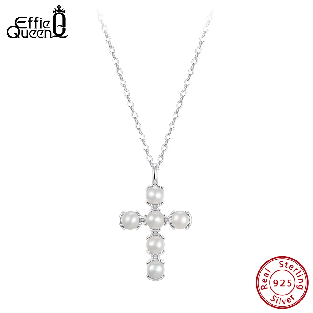 

Effie Queen Fashion 925 Sterling Silver Textured Freshwater Pearls Cross Pendant Necklace Chain for Women Fine Jewelry GPN109