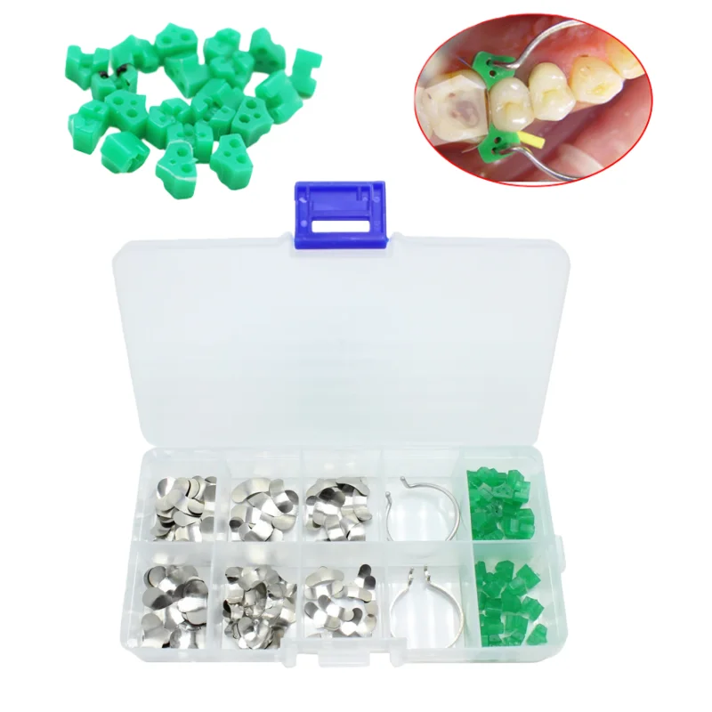 

1 коробка, комплект стоматологической матричной системы, металлические матрицы, матричные ленты, зажимное кольцо из смолы, пластиковые клинья, ортодонтические материалы для стоматологии