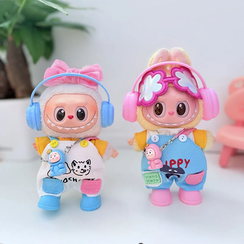 

Labubu 1st 2nd 3rd Gen Trendy Cute Outfit Set Overalls Headphones Cartoon Prints For 15/17cm Dolls