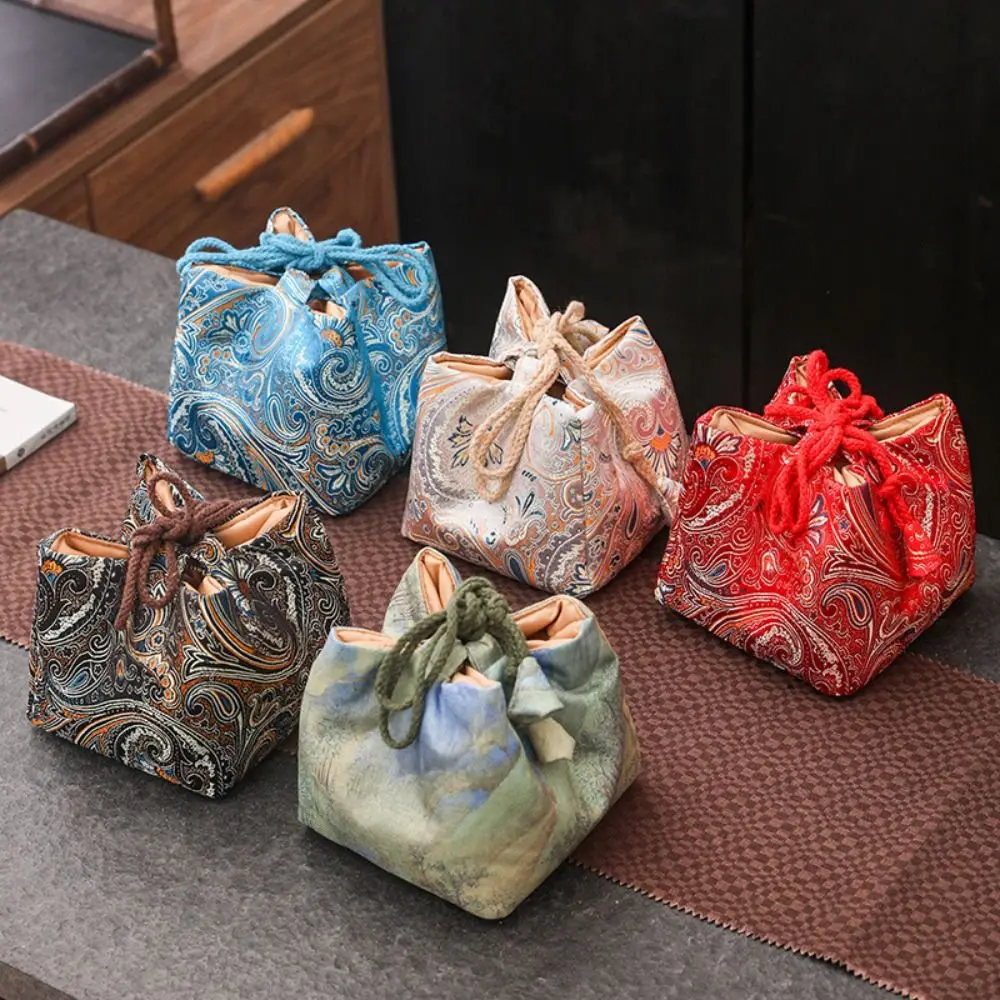 

Chinese Style Teacup Drawstring Cloth Pouch Breakage-proof Portable Small Item Pouch Multifunctional Print Teaware Storage Bag