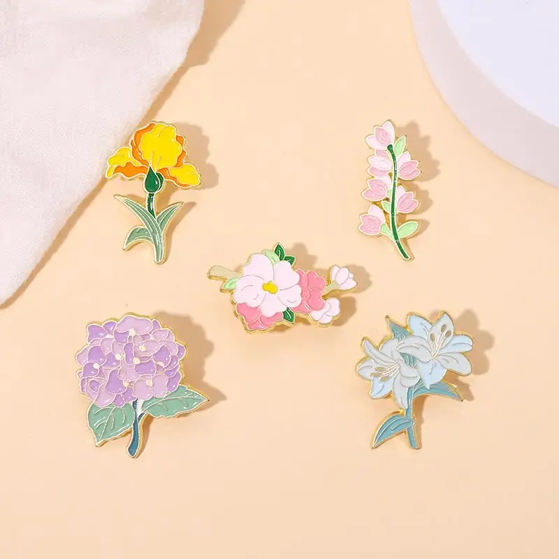 Month Flowers Enamel Pins Iris Lily Hydrangea Peach Blossom Brooch Lapel Badge Cartoon Plant Jewelry Gift for Kids Friends