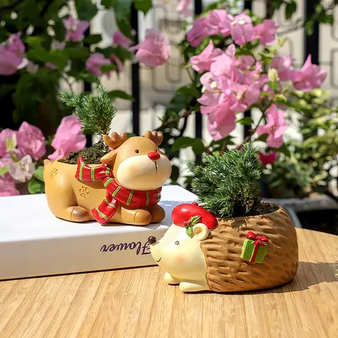 Winter Animal Planters, Cute Flower Pots Container, Decorative Ornament Figurines, Home Table Decoration Christamas Gift