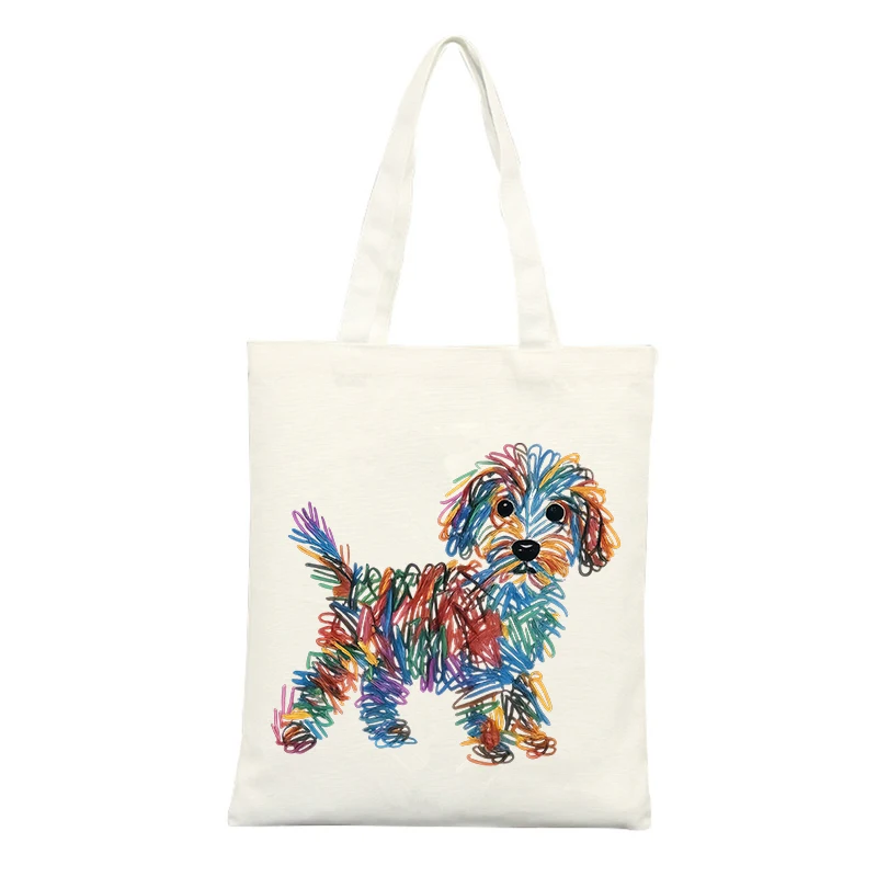 Women's Canvas Tote Bag with Colorful Dog Graphic, Artistic Design for Casual Shopping and Daily Use