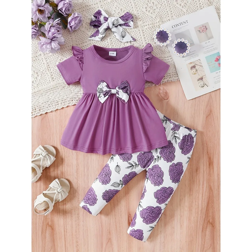 0-3 Years Baby Girl 3PCS Clothes Set Purple Short Sleeved Top+Floral Pants+Headband Fashion Toddler Girl Summer Daily Outfits