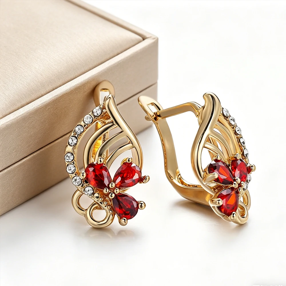 18k Gold Plated Leaf Butterfly-Shaped Earrings Teardrop-Shaped Cubic Zirconia Clip-On Earrings Fashionable Women's Jewelry Gifts