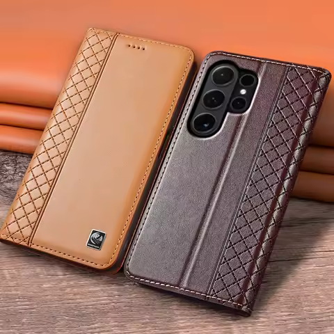 Flip Case For SAMSUNG Galaxy S26 S25 S24 S23 Ultra Plus FE 5G Genuine Leather Magnetic Cover Cowhide Grid Pattern Wallet Cases