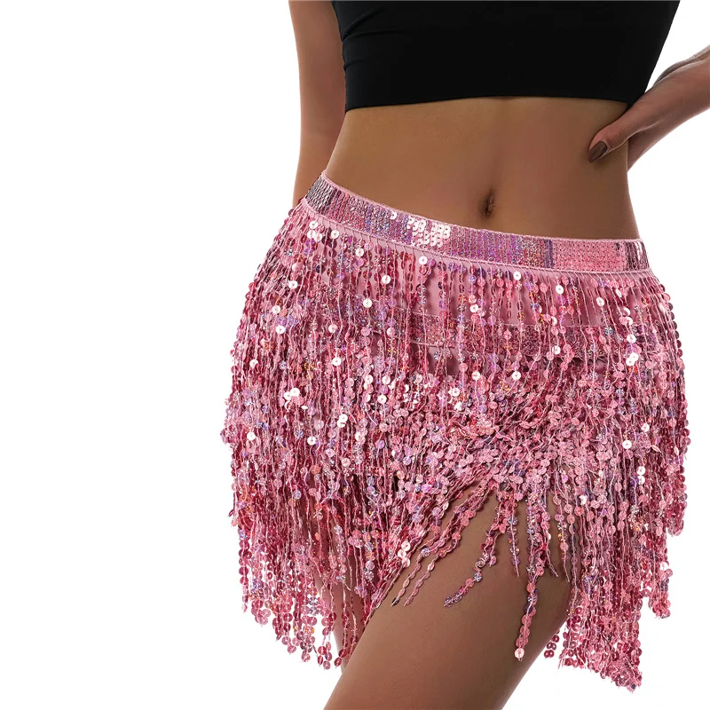 Women Sexy Belly Skirt Sequined Fringe Miniskirt with Adjustable Waist Straps Mini Skirt for Dance Performance Rave Party