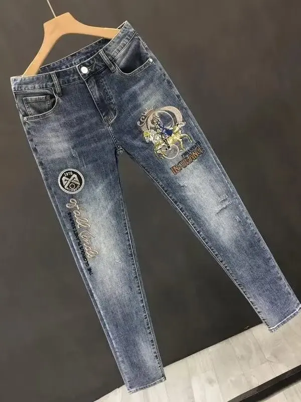 

Мужские джинсы Slim Fit премиум-класса с вышивкой, эластичные, повседневные, молодежные, всесезонные, удобные, износостойкие