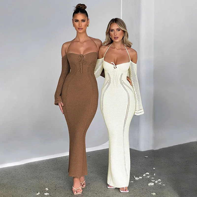 Cryptographic Off Shoulder Halter Knit Dress Outfits for Women Long Sleeve Elegant Sexy Backless Tie Front Maxi Dresses Vestido