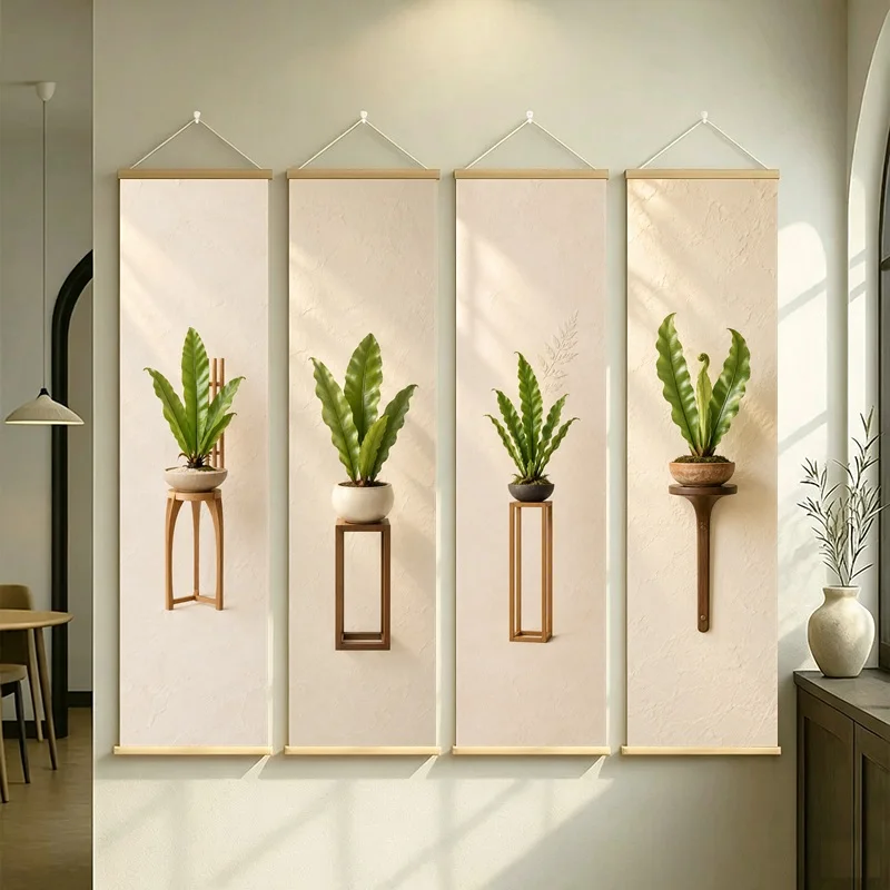 Snake Plant Wall Art 4-Panel Green Potted Foliage Pedestal Scroll Set on Beige Silver Shimmer Canvas for Modern Home Decor