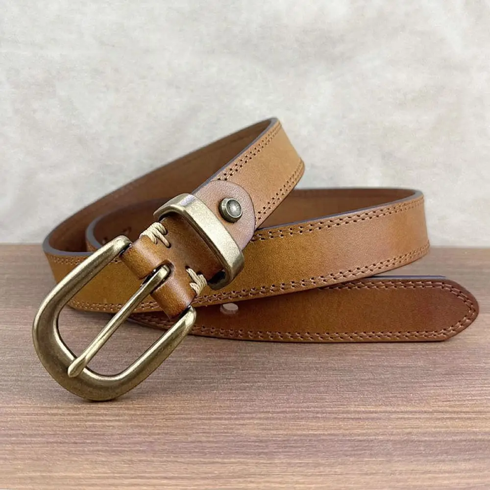 Leather Belt Womens Retro Brass Buckle Cowhide Waistband High Quality Simple Fashion Strap For Jeans Casual Outfit