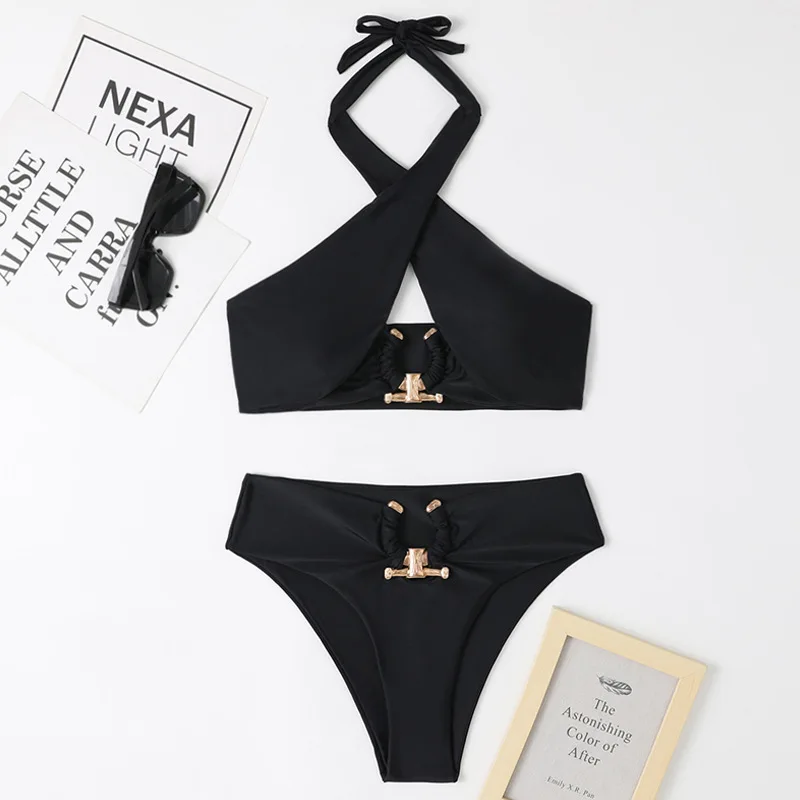 Sexy cross halter Bikini Sets two pieces swimsuit metal ring high waist bathing suit monokini swimwear women biquini bakini