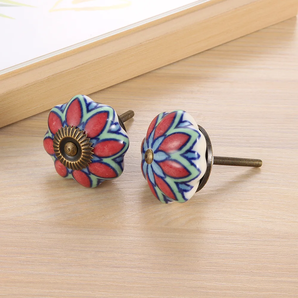 2PCS Antique-Style European Ceramic Handle Printed Tea Canister Cabinet Door Classical Design Kitchen Storage Decorative Hardwar