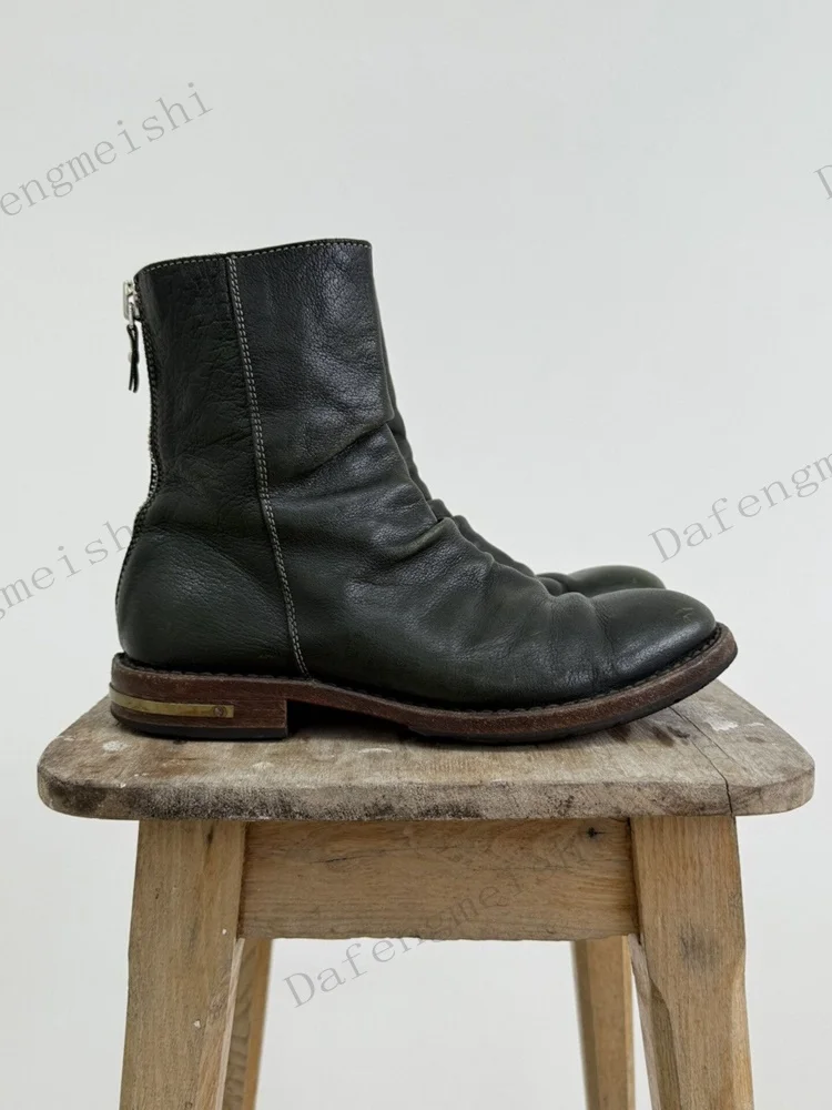 Men/Women Vintage Distressed Leather Ankle Boots Round Toe Back Zipper Flat Heel Wrinkled Retro Casual Short Boots