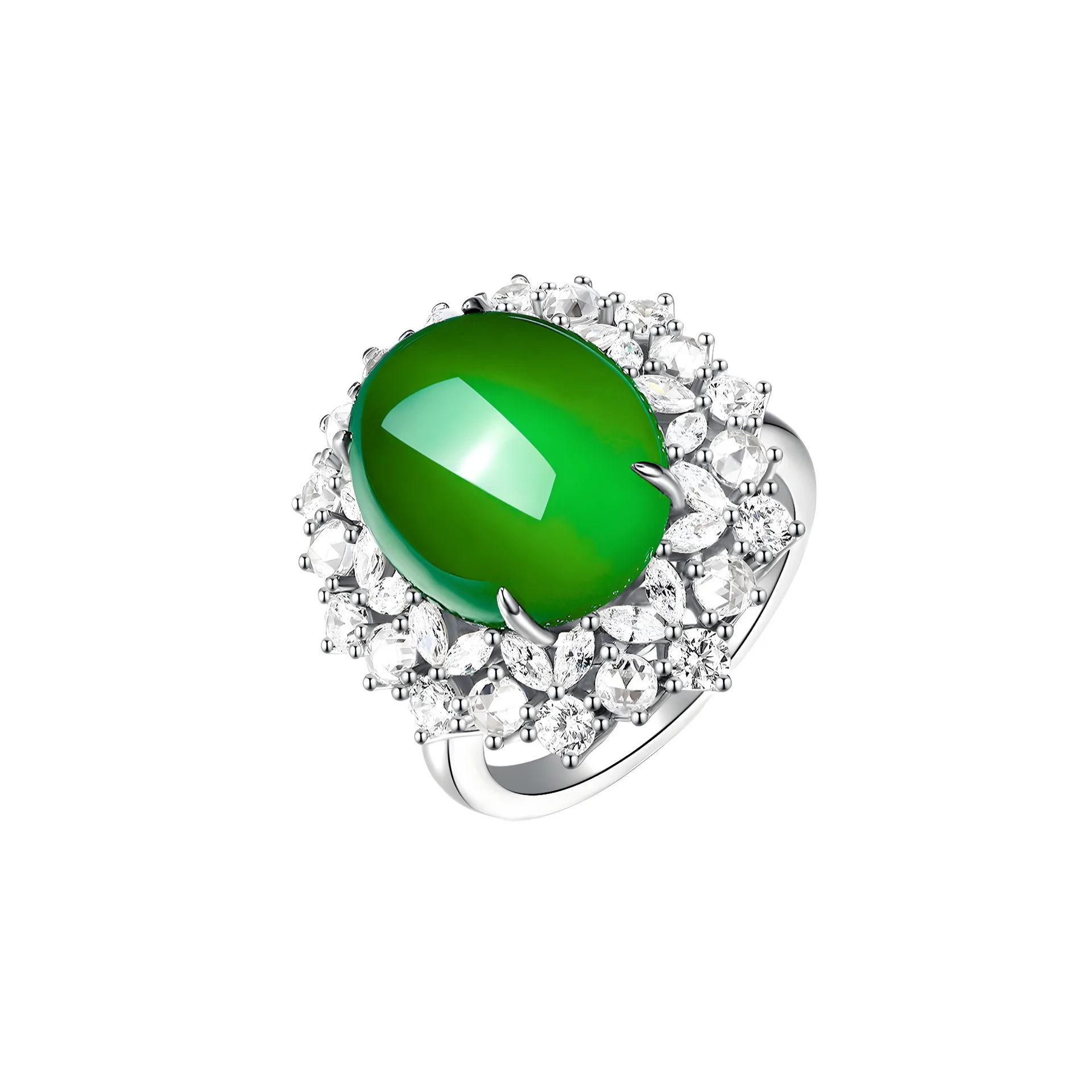 

Vintage 925 Sterling Silver Promise Ring Natural Oval Chalcedony Cabochon Flower Design Fine Jewelry for Women's Engagement Gift