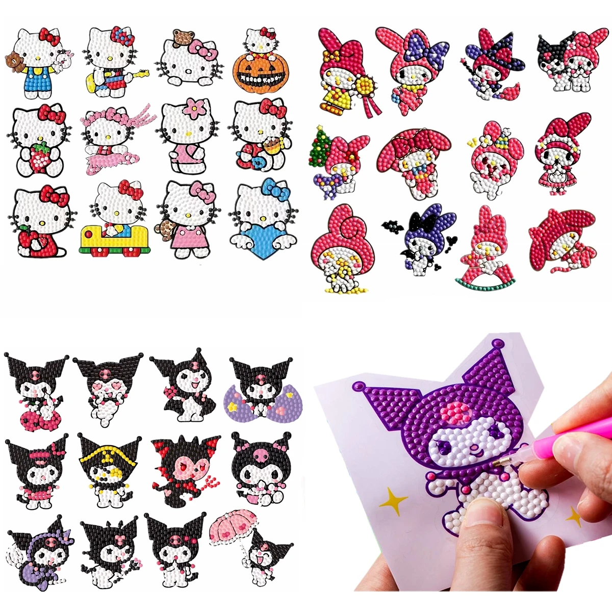 Pegatinas de pintura de diamantes Kawaii Sanrio Hello Kitty, calcomanías de dibujos animados para niños y niñas, calcomanía de diamantes Kuromi DIY,