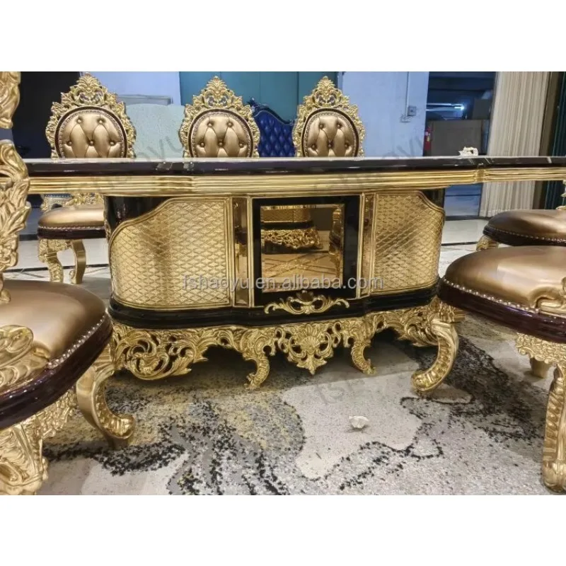 French Hand Carved Antique Wood European Royal Baroque Round Dining Table and Chair Solid Wood Table Sets