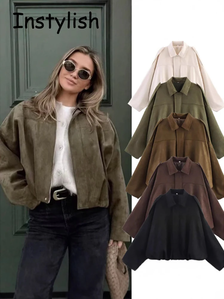 

Женская замшевая куртка-бомбер, осенняя винтажная куртка-бомбер с длинным рукавом на молнии, однотонное пальто-бомбер большого размера, шикарная женская уличная одежда 2025 года, верхняя одежда