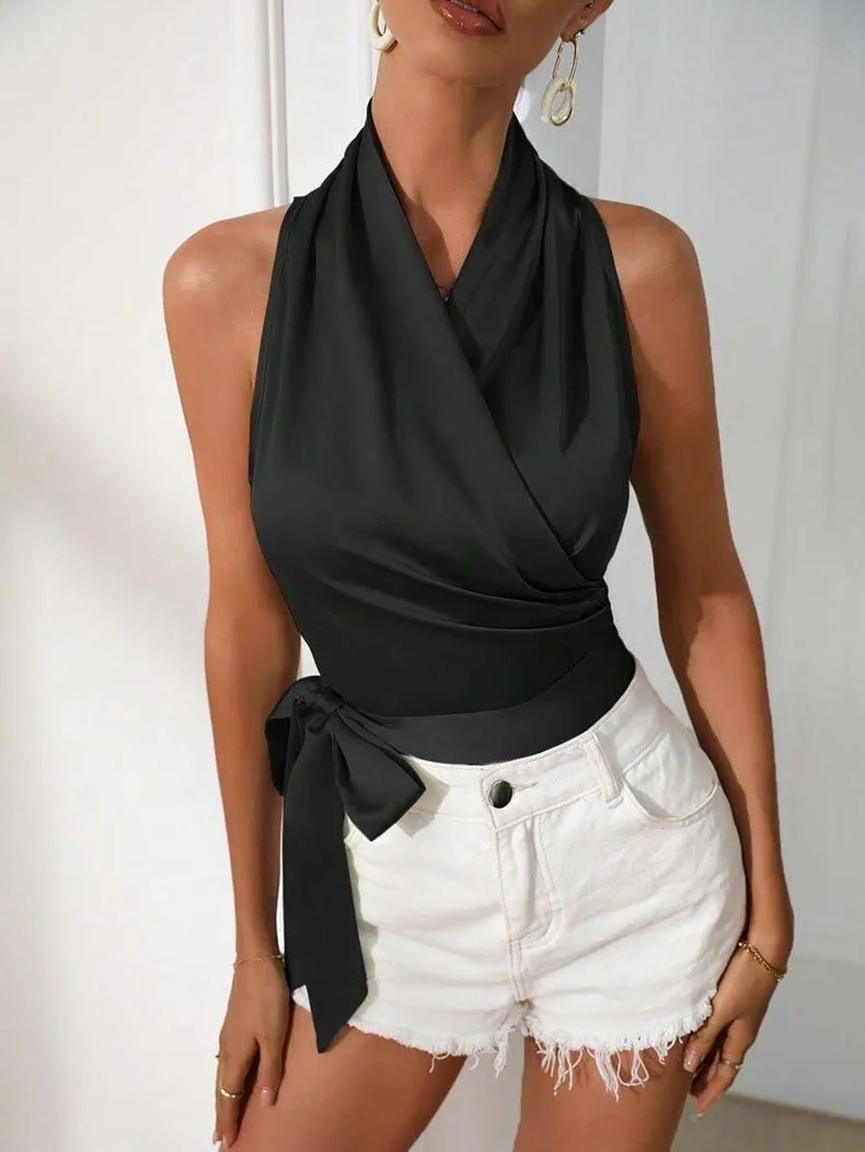 Women's Satin Sleeveless Halter Neck Tie Front Wrap Side Solid Color Slim Fit Blouse Tank Top for Women Clothing Female Fashion