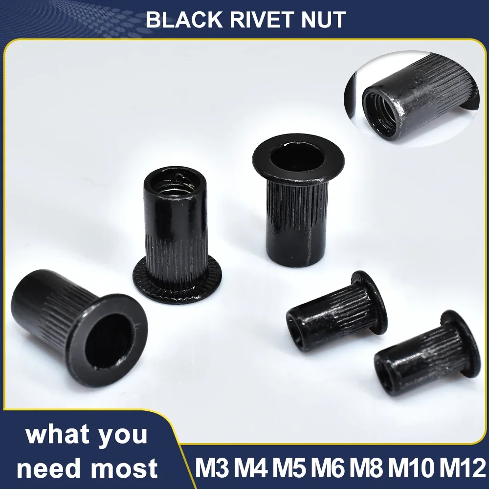 M3 M4 M5 M6 M8 M10 M12Black Rivet Nut Zinc-Plated Knurled Flat Head Threaded 5/10/15/30/50PCS Metric Thread Insert Nuts Fastener