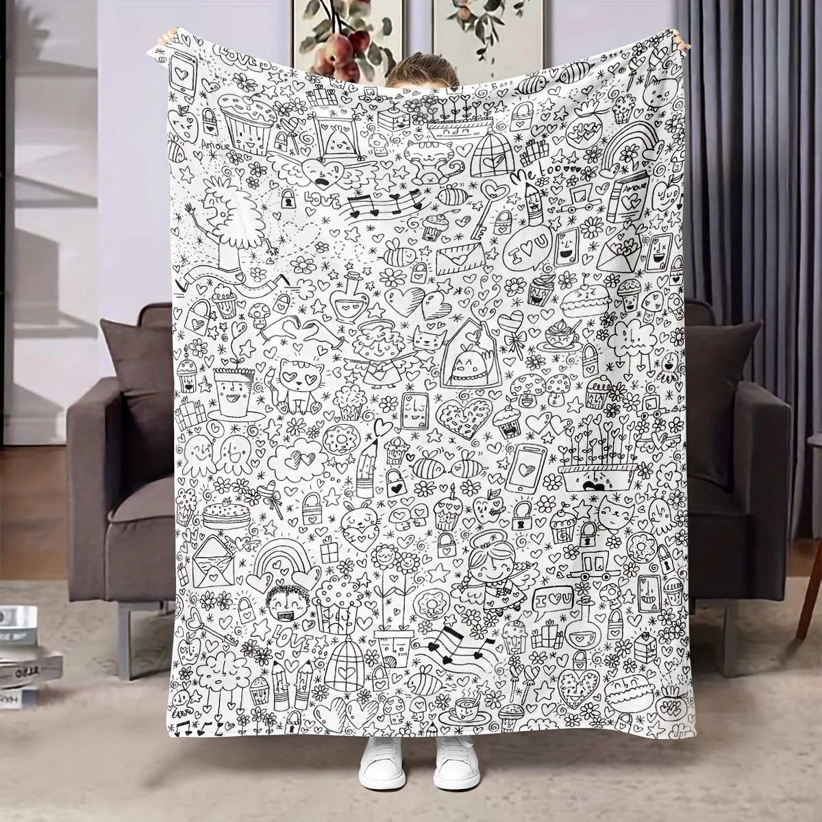 Monochrome Kawaii Doodle Heart Sweet Daily Cartoon Flannel Throw Blanket, Soft Plush for Sofa Bed Travel Indoor Home Decoration