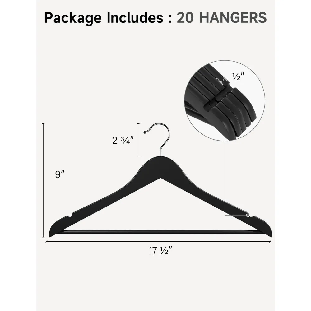 schwarze Holzbügel, 20er-Pack Holzbügel für Schränke, Kleiderbügel für Mäntel, Hemden, Hosen, Anzüge