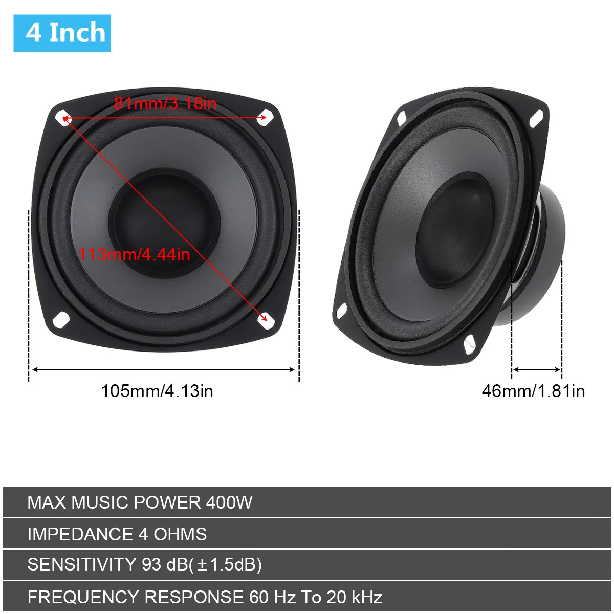 Altavoces de 2 vías para puerta de coche, Subwoofer estéreo de música de Audio automático, frecuencia de rango completo, 4 pulgadas, 400W