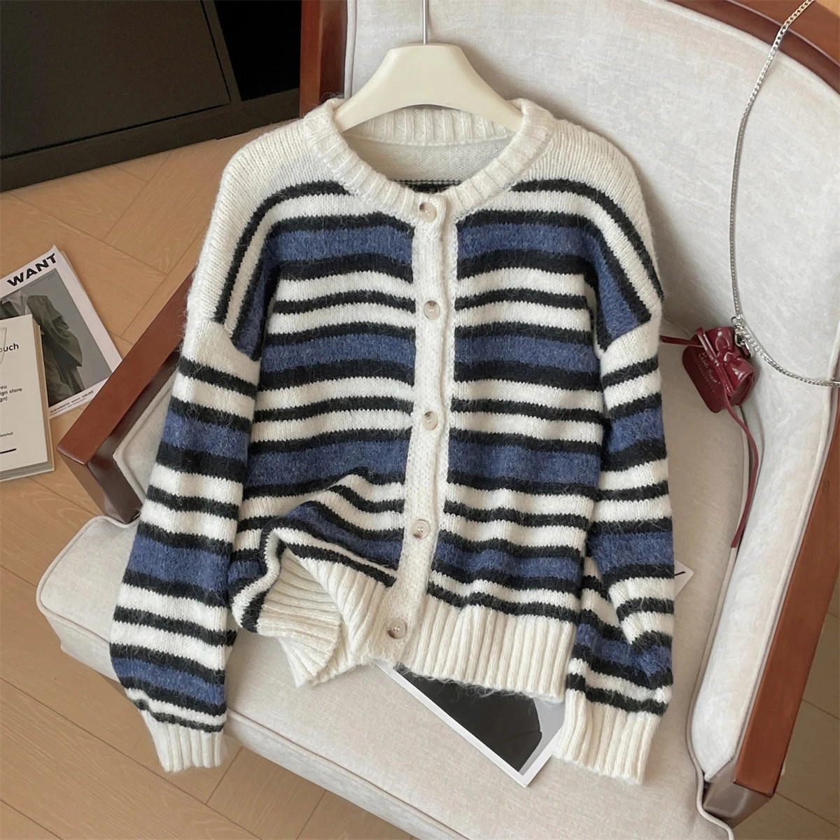

Женский вязаный кардиган в полоску, классический однобортный свободный Универсальный кардиган с круглым вырезом и длинным рукавом, Осень-зима 2024