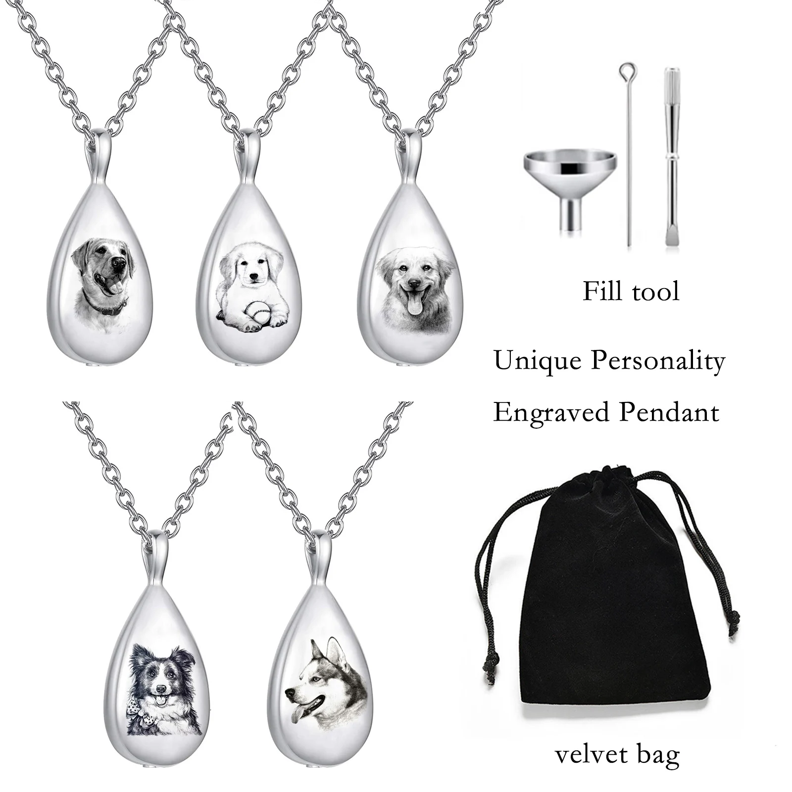 Water Drop Cremation Urn Necklace for Pet Ashes Memorial Keepsake Pendant Custom Photo Stainless Steel Remembrance Jewelry