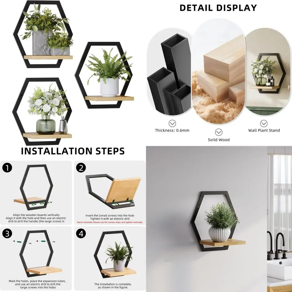 

3 Packs Wall Plant Stands Indoor, 9inch Metal Wall Mounted Shel with Soild Wood Display Ledge, ern Decorative loating Shelves 25