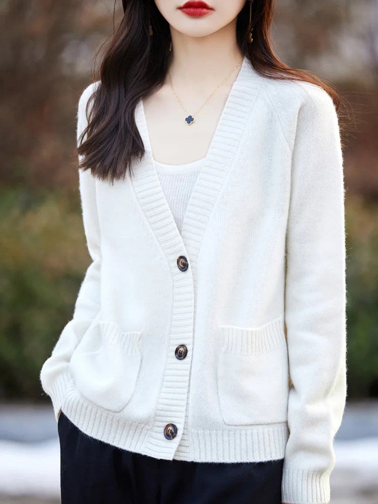 2024 New Spring Fashion Women 100% Merino Wool Cashmere Sweater  V-neck Cardigan Buttons Lazy Temperament Knitwear  Top Coat