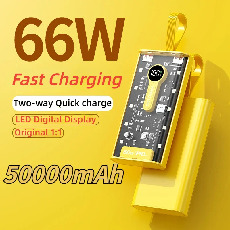 

2024 New 66W Fast Charging Power Bank with Built-in Four Cable 50000mAh External Battery Charger Cases for iPhone Android Type-C