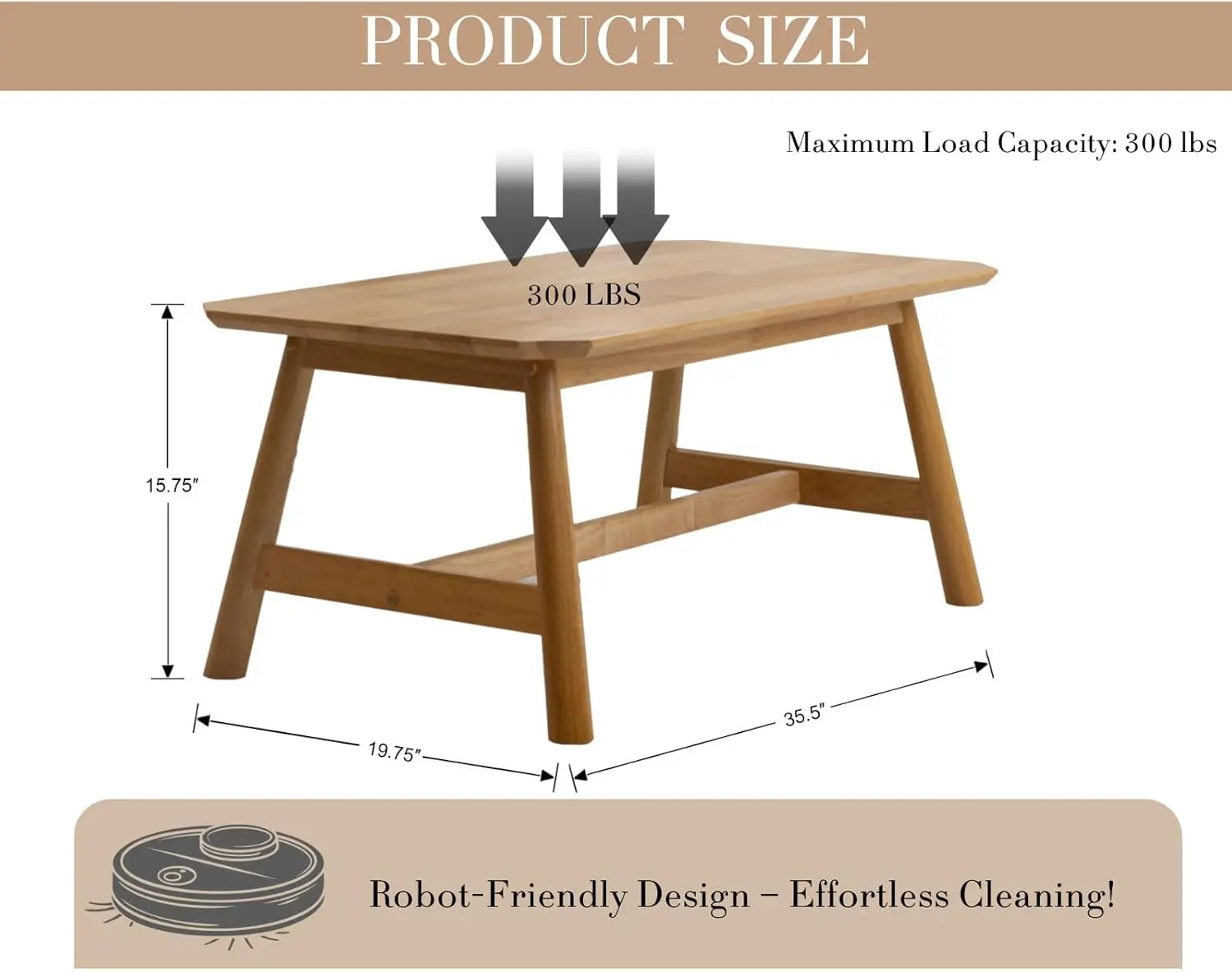 35.5"x20" Mid-Century Modern Coffee Table - Solid Natural Light Wood Rectangular Center Table, Tea Table for Living Room
