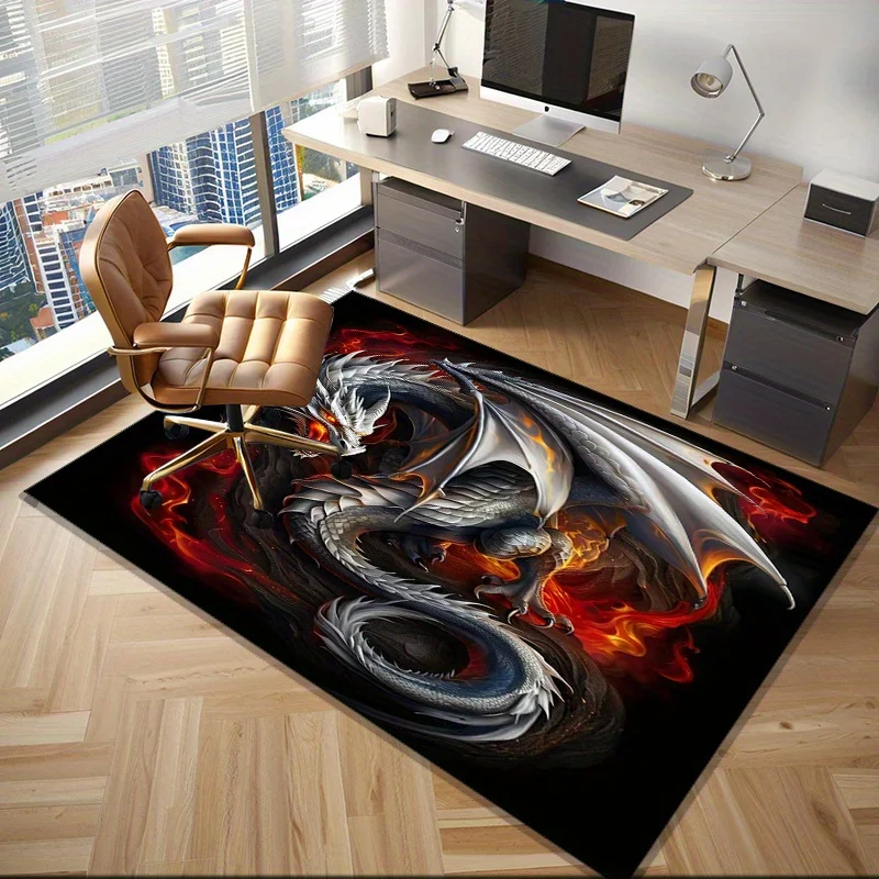 Dragon Fire Rug for Modern Living Room | Mythical Creature Area Rugs with Fiery Flames | Fantasy Art Home DecorMachine washable