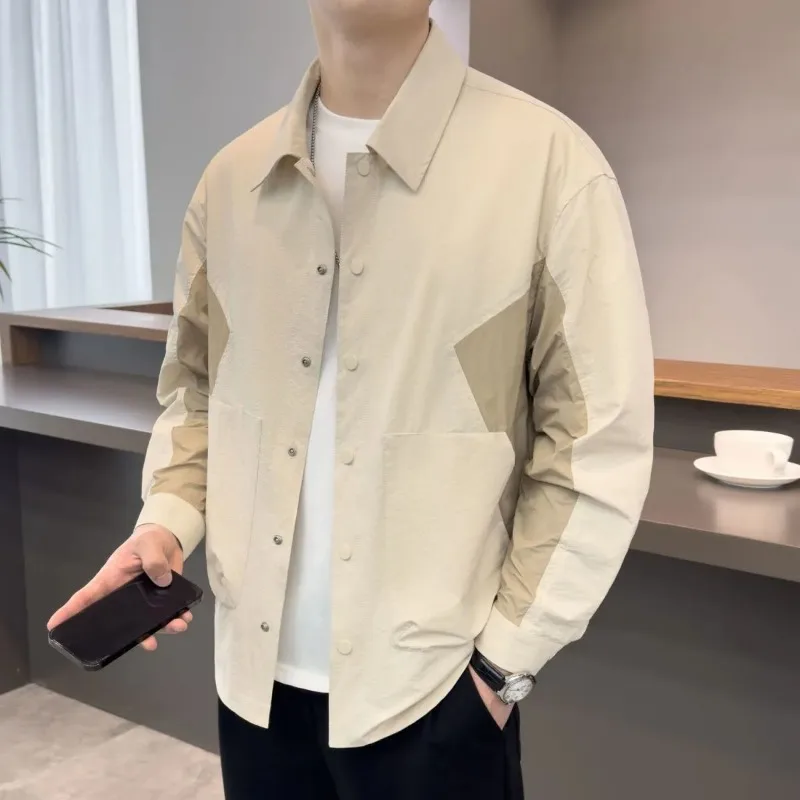 

Summer Men's Seersucker Color-blocked Jacket with Lapel Three-dimensional Loose Casual Breathable Shirt Jacket
