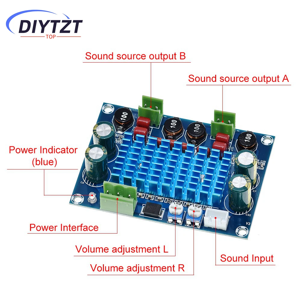 

DIYTZT Digital HIFI Power Amplifier Board 2*120W XH-M572 TPA3116D2 Chassis Dedicated Plug-in Input 5V 24V 28V output 120W