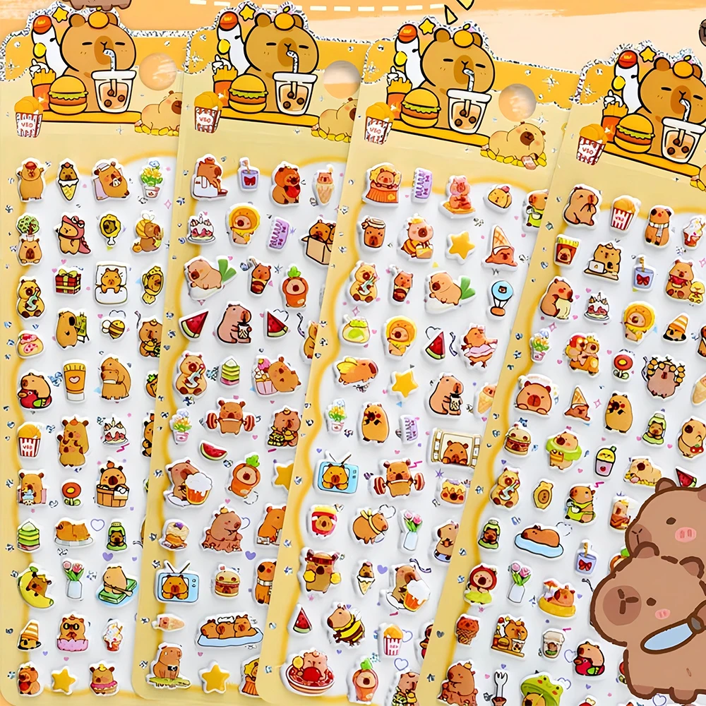 4 Stück Cartoon Capybara 3D Bubble Sticker Lustige Niedliche Tiere Relief-Aufkleber DIY Scrapbook Handy Gitarre Belohnungssticker Dekoration