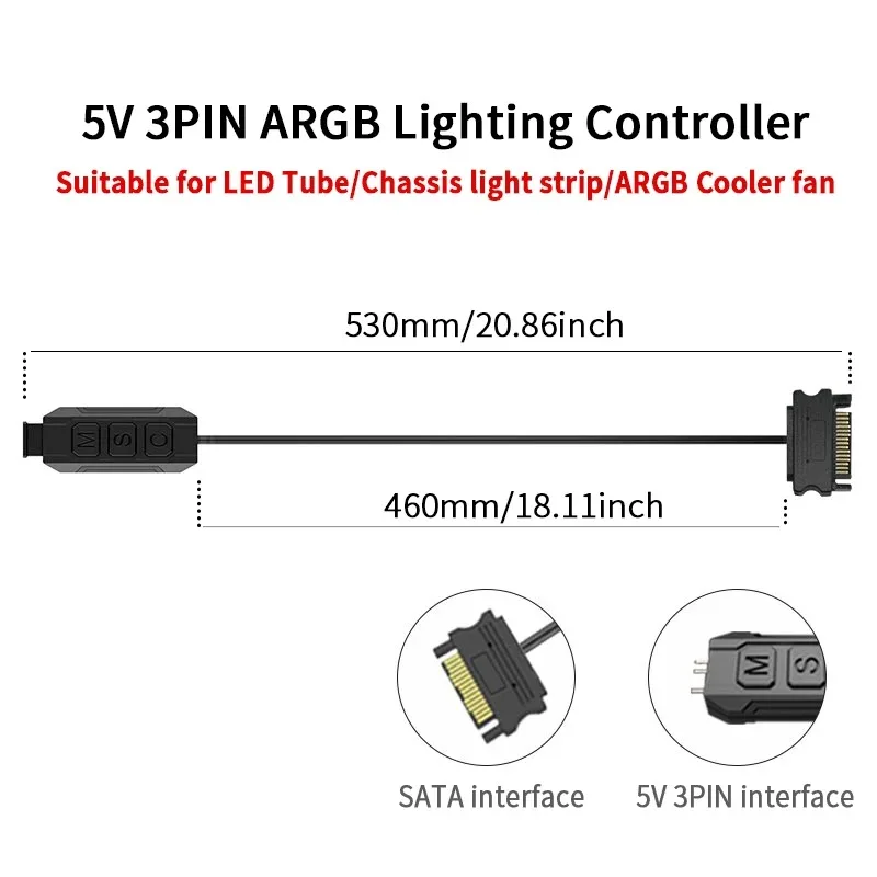 Câble de contrôleur ARGB TEUCER LC-S60 5V 3 broches vers SATA, contrôleur d'extension d'interface avec télécommande pour ventilateur de refroidissement PC