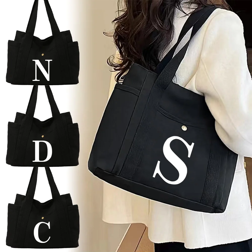 Tote Bag Handbag for Women's Aesthetic Travel Organizers Bag Versatile White Letter Printing Series Commuting Shoulder Bag