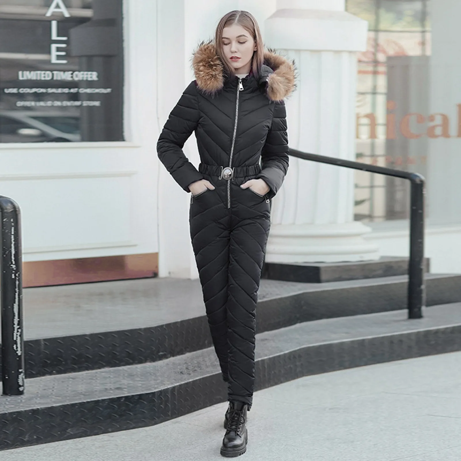 Women Slim Skisuit Winter One-Piece Skiing Clothes Solid Color Warm Snowboard Jumpsuits With Fur Collar Outdoor Sport Overalls