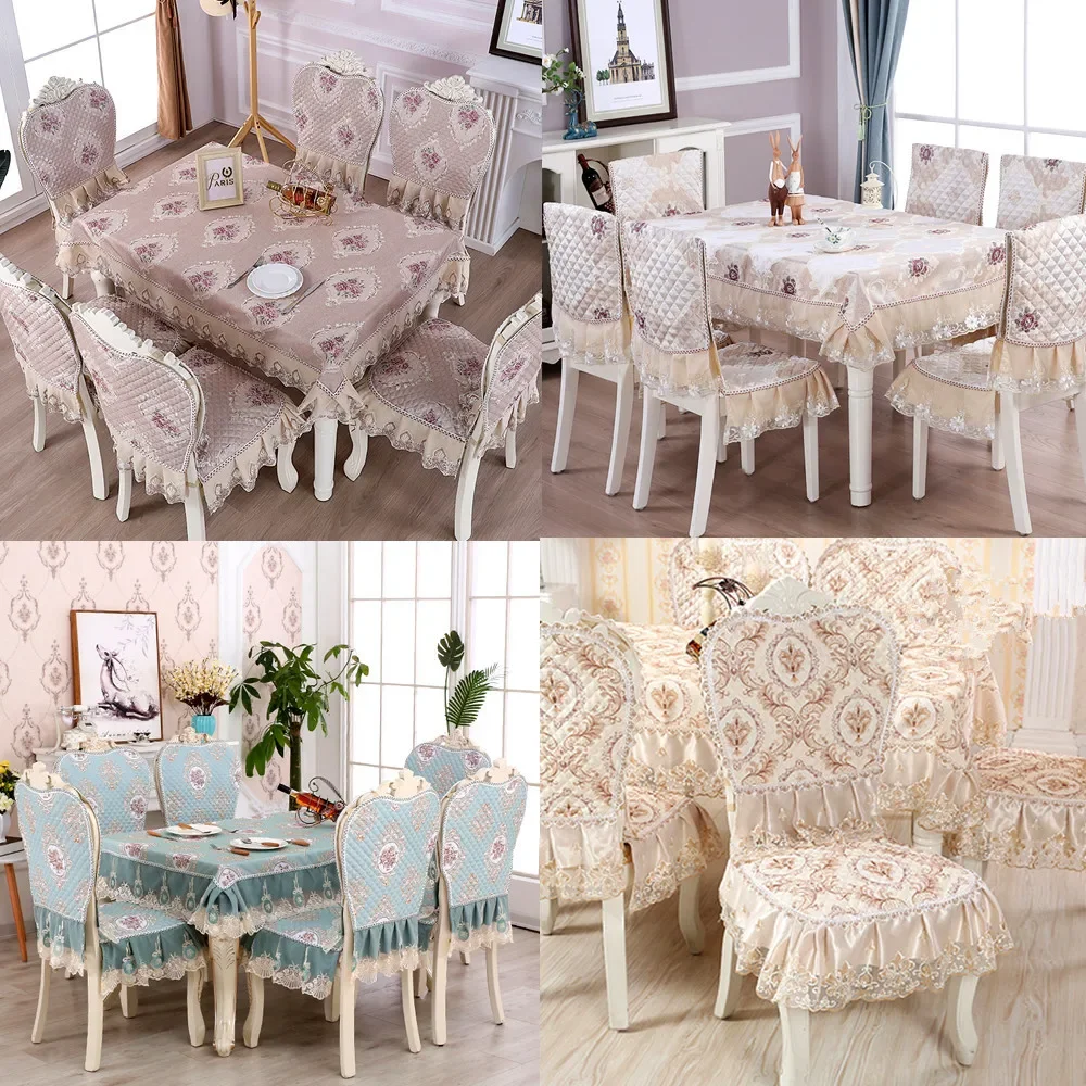 High quality European Linen Dining Table cloth set Decor 1PCS Lace Tablecloth Round ectangle 6PCS Chair Cover Bundle sale A2